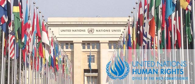 Photograph of the line of nation state flags in front of the UN
