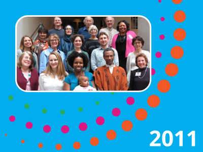 Graphic with blue background labeled 2021 in bold white text with a photograph of the founding members of HRE USA standing in front of Kennedy School of Government at Harvard University, September 2011