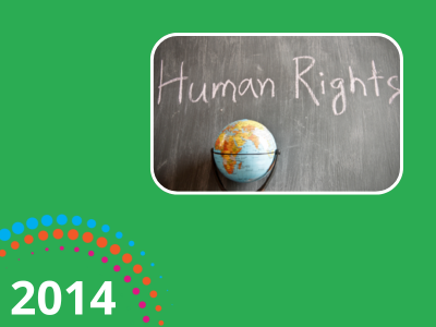 2014 text with graphic with green background and a photograph of a globe with human rights written on a chalkboard