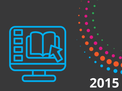 2015 text with graphic with dark gray background and an illustration of a computer monitor with a book and tabs 