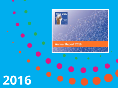 2016 text with a graphic with a blue background and a screenshot of HRE USA's first annual report 