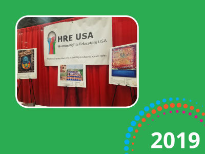 2019 text with a green background and a photograph of the HRE USA banner at the NCSS booth 