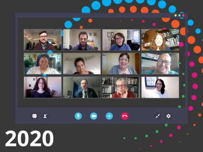 2020 text with a dark gray background and a graphic of a Zoom screen with screenshots from our virtual Human Rights Day celebration in 2020