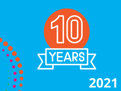 2021 text with graphic with blue background with an illustration of icons reading 10 years 