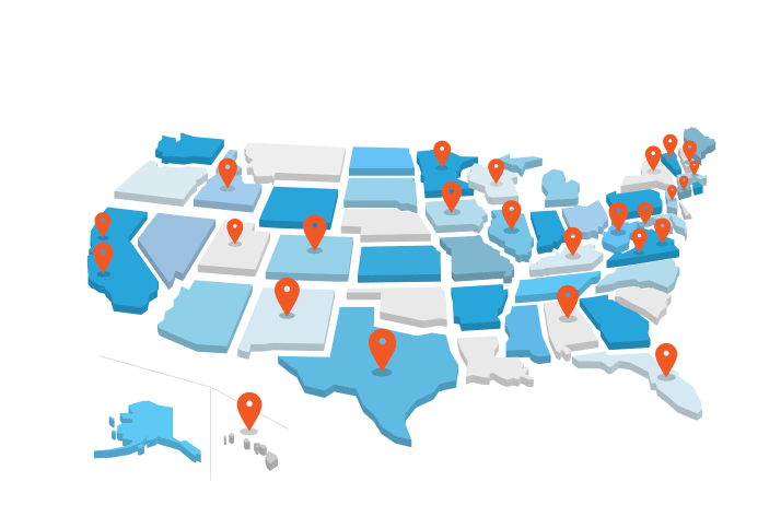 Blue and gray illustration of the states and Puerto Rico outlined as blocks with location icons to indicate regional representatives 