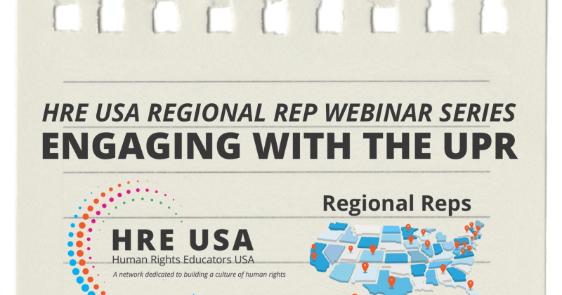 Illustration of a piece of note paper with HRE USA Regional Rep Webinar Series Engaging with the UPR and the HRE USA logo and the regional rep logos