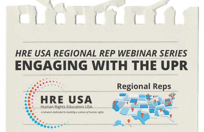 Illustration of a piece of note paper with HRE USA Regional Rep Webinar Series Engaging with the UPR and the HRE USA logo and the regional rep logos