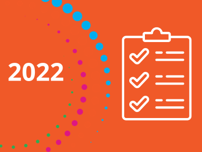 Orange background with circular logo elements and large white text 2022 with an icon of a clip board
