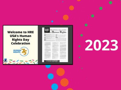 Magenta background with the HRE USA logo icon circles and large white text reading 2023 and a screenshot of the 2023 Human Rights Day webinar slide