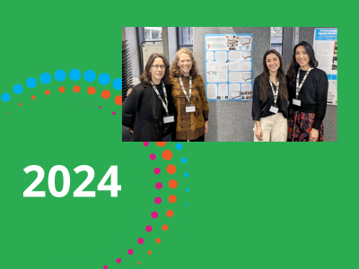 Green background with logo icon and 2024 in large white text with a photograph of members of the HRE USA podcast team at the IAHRE conference in London