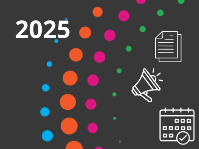 Charcoal gray background with large colorful dots from the HRE USA logo and the text 2025 in white with icons of a bullhorn, papers, and a calendar 